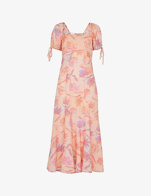 WHISTLES: Floral-print fitted woven midi dress