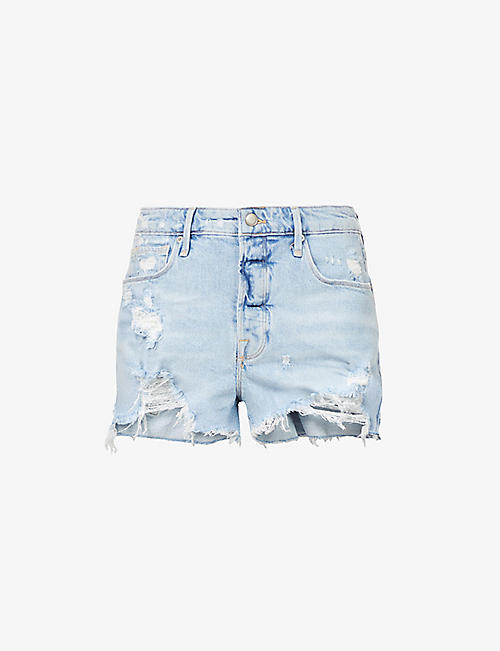 GOOD AMERICAN: Bombshell ripped high-rise recycled cotton-blend stretch-denim shorts