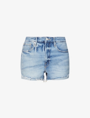 GOOD AMERICAN Womens Blue Stretch Zippered Pocketed Frayed Hem High Waist Shorts
