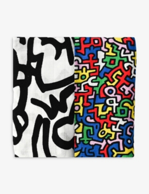 ETTA LOVES: Etta Loves X Keith Haring graphic-print organic-cotton muslin squares pack of two
