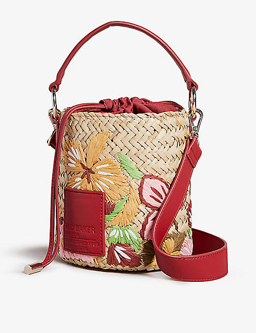 TED BAKER: Appita appleseed-embroidered straw bucket bag