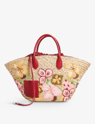 TED BAKER APPELA FLORAL-EMBROIDERED STRAW BASKET BAG 