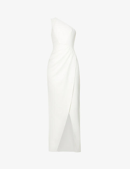CHI CHI LONDON: One-shoulder split-front stretch-woven wedding dress