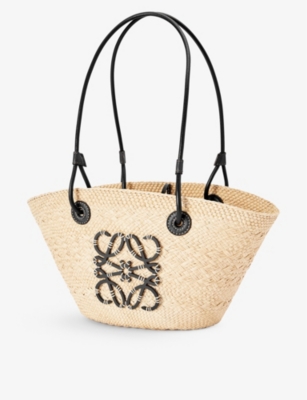 Loewe X Paula's Ibiza Anagram Small Basket Bag In Iraca Palm With Leather Handles In Natural/black