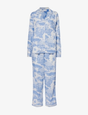 Desmond And Dempsey Womens Blue Loxodonta Graphic-print Cotton Pyjamas