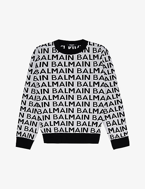 BALMAIN: Repeat logo-print wool-knit jumper 12-14 years