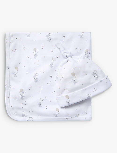 THE LITTLE WHITE COMPANY: Balloon Bunnies cotton blanket and hat set