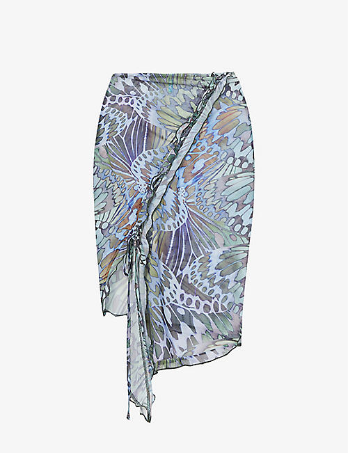 JADED LONDON: Volare butterfly-print stretch-mesh sarong