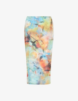 JADED LONDON - Citrus abstract-print mesh maxi skirt