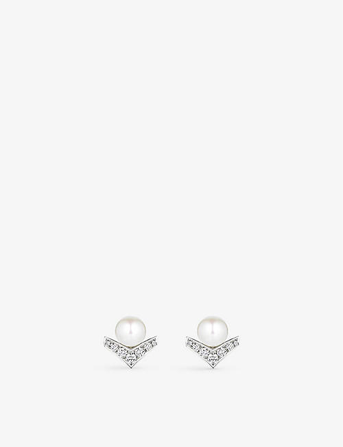 CHAUMET: Joséphine Aigrette 18ct white-gold, 0.15 brilliant cut diamonds and 1.70ct pearl stud earrings
