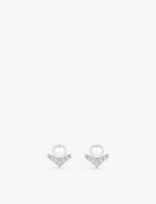 CHAUMET: Joséphine Aigrette 18ct white-gold, 0.15 brilliant cut diamonds and 1.70ct pearl stud earrings