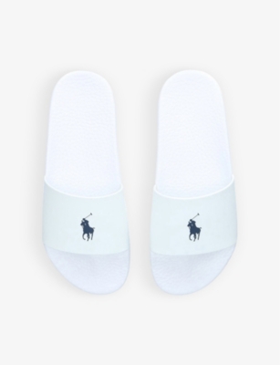 Shop Polo Ralph Lauren Mens White/vy Logo-print Rubber Pool Sliders In White/navy