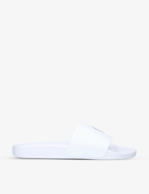 Shop Polo Ralph Lauren Mens White/vy Logo-print Rubber Pool Sliders In White/navy