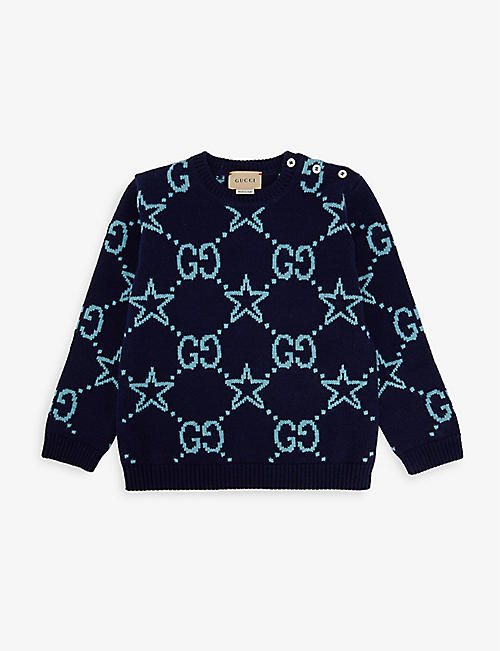 GUCCI: Monogram and star-printed wool jumper 18-36 months