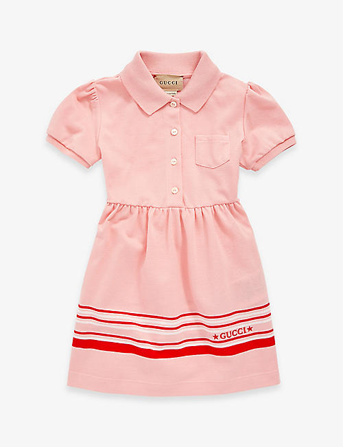 GUCCI: Stripe logo-embroidered cotton-pique polo dress 3-36 months