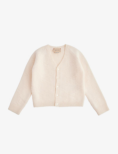 GUCCI: Logo-woven V-neck wool cardigan 6-36 months