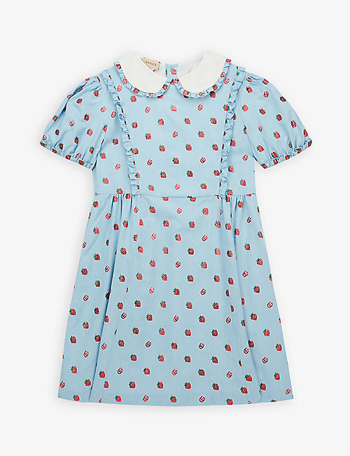 GUCCI: Strawberry graphic-print cotton-blend dress 4-12 years