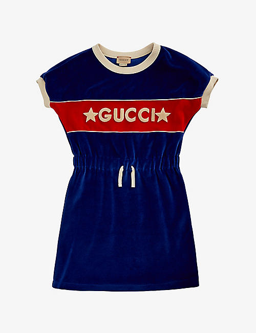 GUCCI: Logo star-embroidered velour mini dress 4-12 years