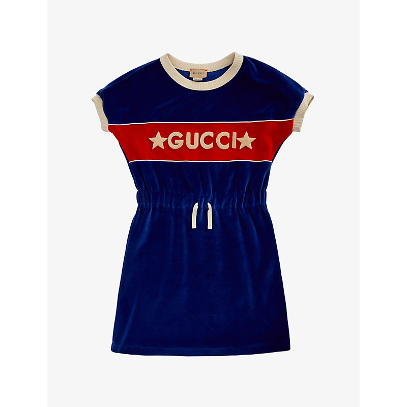 GUCCI LOGO STAR-EMBROIDERED VELOUR MINI DRESS 4-12 YEARS