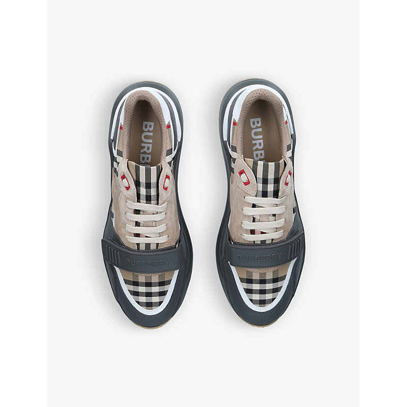 Shop Burberry Mens Grey/other Ramsey Checked Leather, Suede And Canvas Low-top Trainers