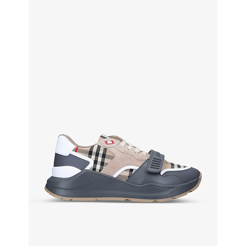 Shop Burberry Mens Grey/other Ramsey Checked Leather, Suede And Canvas Low-top Trainers
