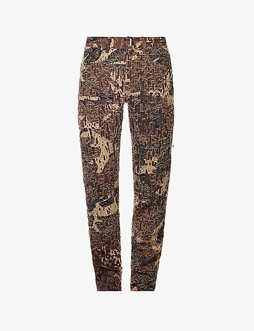 GIVENCHY: Distressed camouflage-pattern slim-fit straight-leg jeans