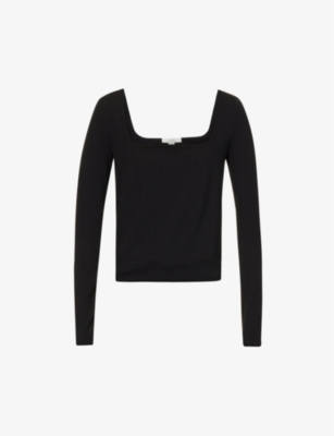 Vince Square Neck Long Sleeve Stretch Cotton Knit Top In Black-001blk