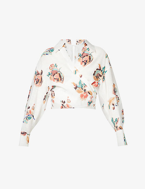 VINCE: Plunge-neck floral-pattern woven shirt