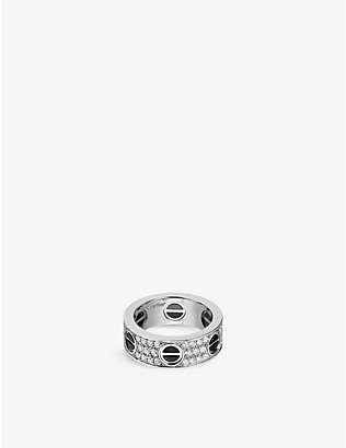 CARTIER：Love 18K 白金陶瓷和 0.74 克拉明亮式切割钻石戒指