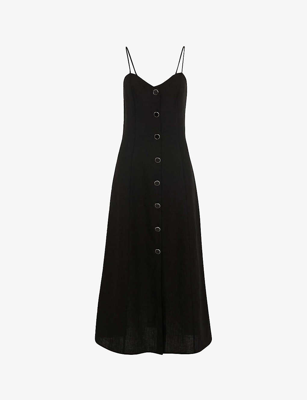 Whistles Womens Black Ava Spaghetti-strap Buttoned Linen-blend Midi Dress