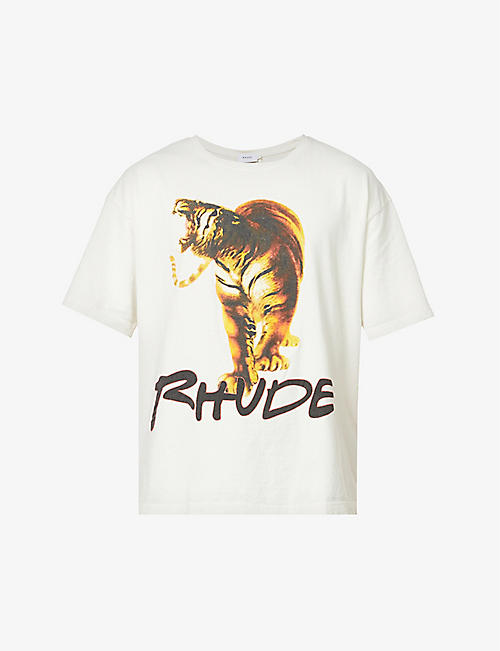 RHUDE: Branded tiger-print cotton-jersey T-shirt