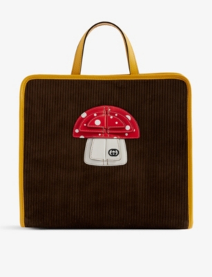 Gucci Kids' Mushroom-embroidered Velvet And Leather Tote Bag In Brown