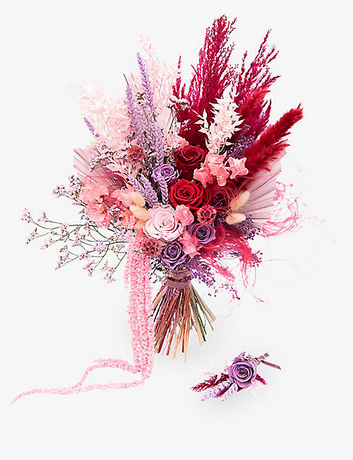 YOUR LONDON FLORIST: Colourful dried bridal bouquet with buttonhole arrangement