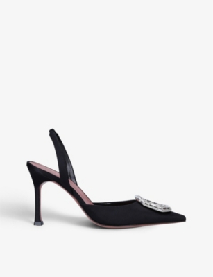 Shop Amina Muaddi Camelia Crystal-embellished Satin Slingback Courts In Black