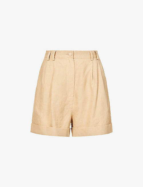 CASA RAKI: Clementina pleated high-rise organic-linen shorts