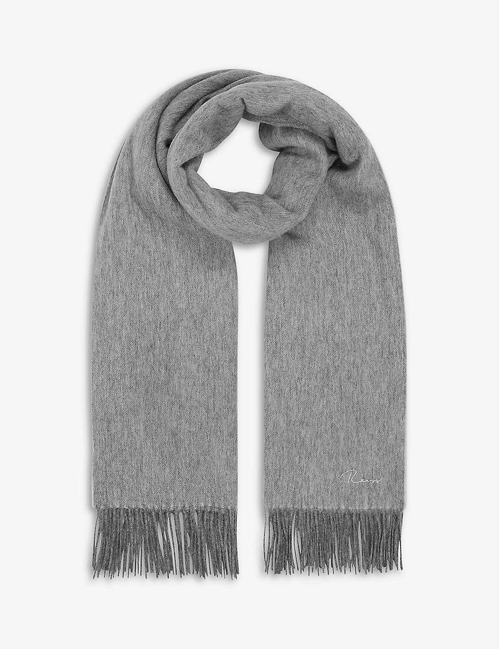 Reiss Womens Soft Grey Picton Logo-embroidered Wool-cashmere Blend Scarf