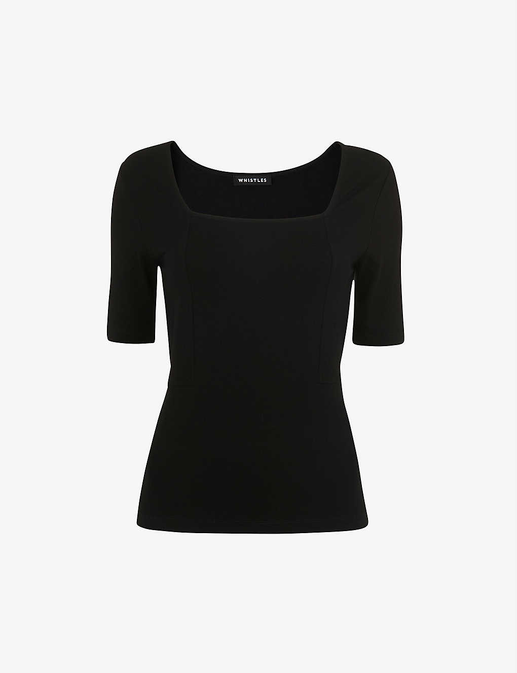 Whistles Womens Black Square-neck Puffed-shoulder Stretch-woven T-shirt