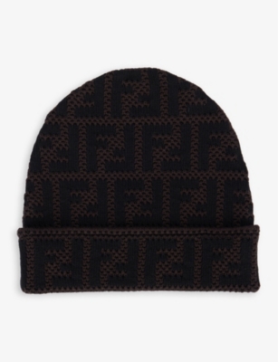 FENDI Monogram print folded brim cotton blend beanie hat