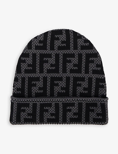 FENDI: Monogram-print folded-brim cotton-blend beanie hat
