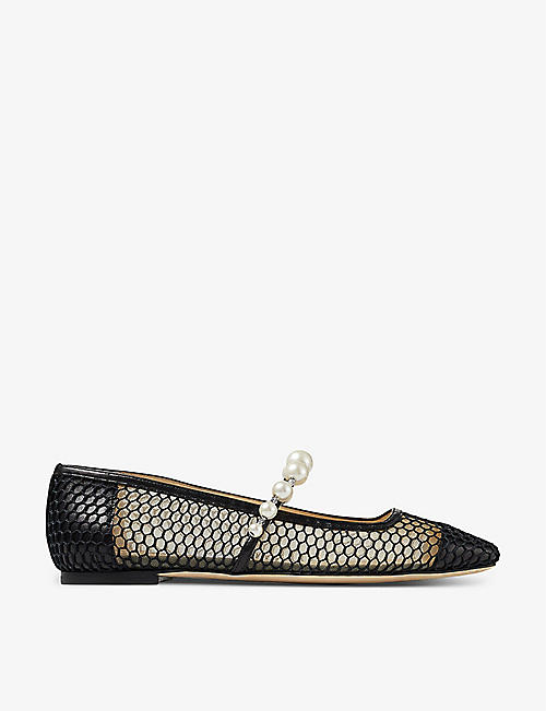 JIMMY CHOO: Ade pearl-embellished woven leather flats