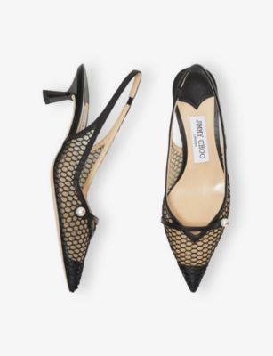 Jimmy Choo Amita 45 Fishnet Mesh & Leather Slingback Pump In Black/black