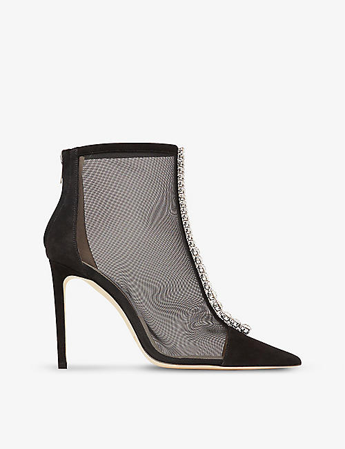 JIMMY CHOO: Bing 100 crystal-embellished suede and mesh heeled boots