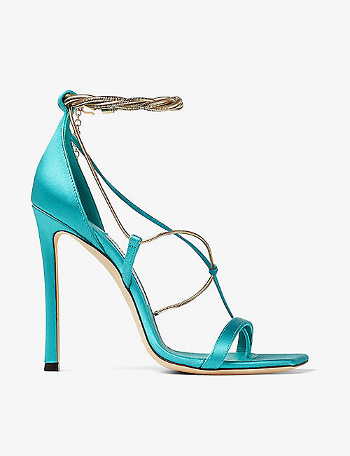 JIMMY CHOO: Oriana chain-embellished leather and satin heeled sandals