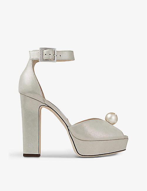 JIMMY CHOO: Socorie pearl-embellished suede heeled sandals