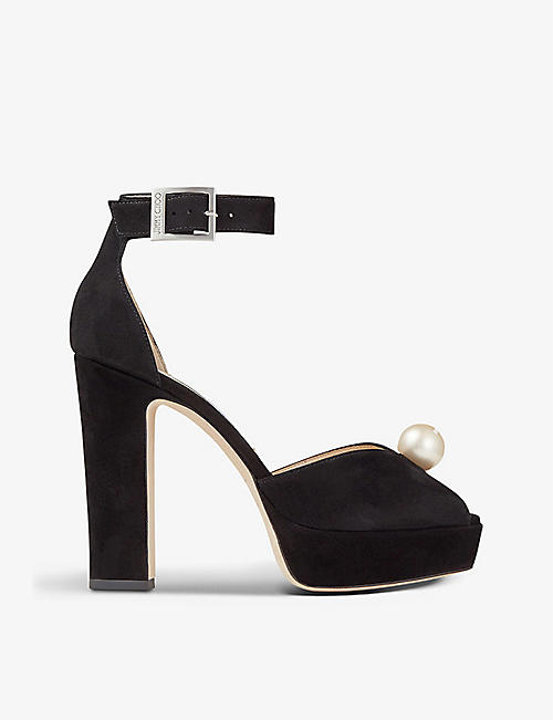 JIMMY CHOO: Socorie pearl-embellished suede heeled sandals