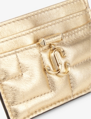 Shop Jimmy Choo Gold/light Gold Umika Avenue Logo-embellished Leather Card Holder