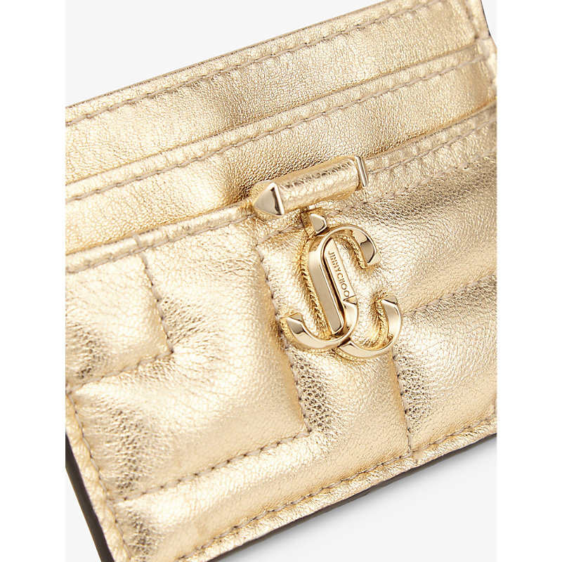 Shop Jimmy Choo Gold/light Gold Umika Avenue Logo-embellished Leather Card Holder