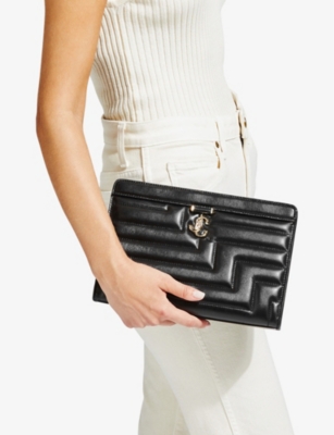 Shop Jimmy Choo Avenue Quilted Leather Pouch In Black/light Gold