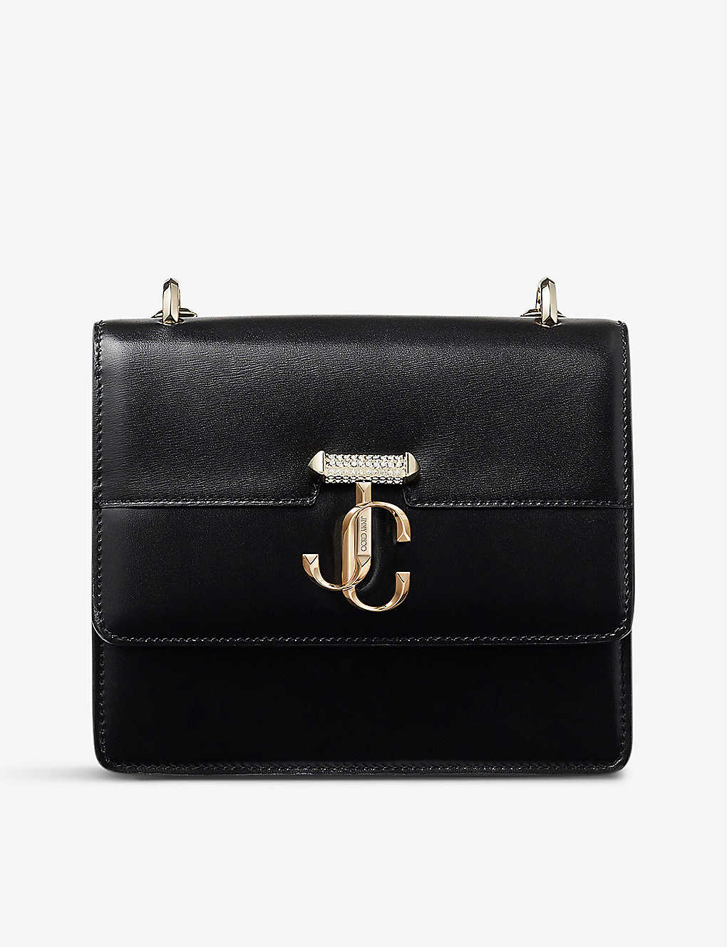 Shop Jimmy Choo Avenue Quad Xs Leather Shoulder Bag In Black/light Gold