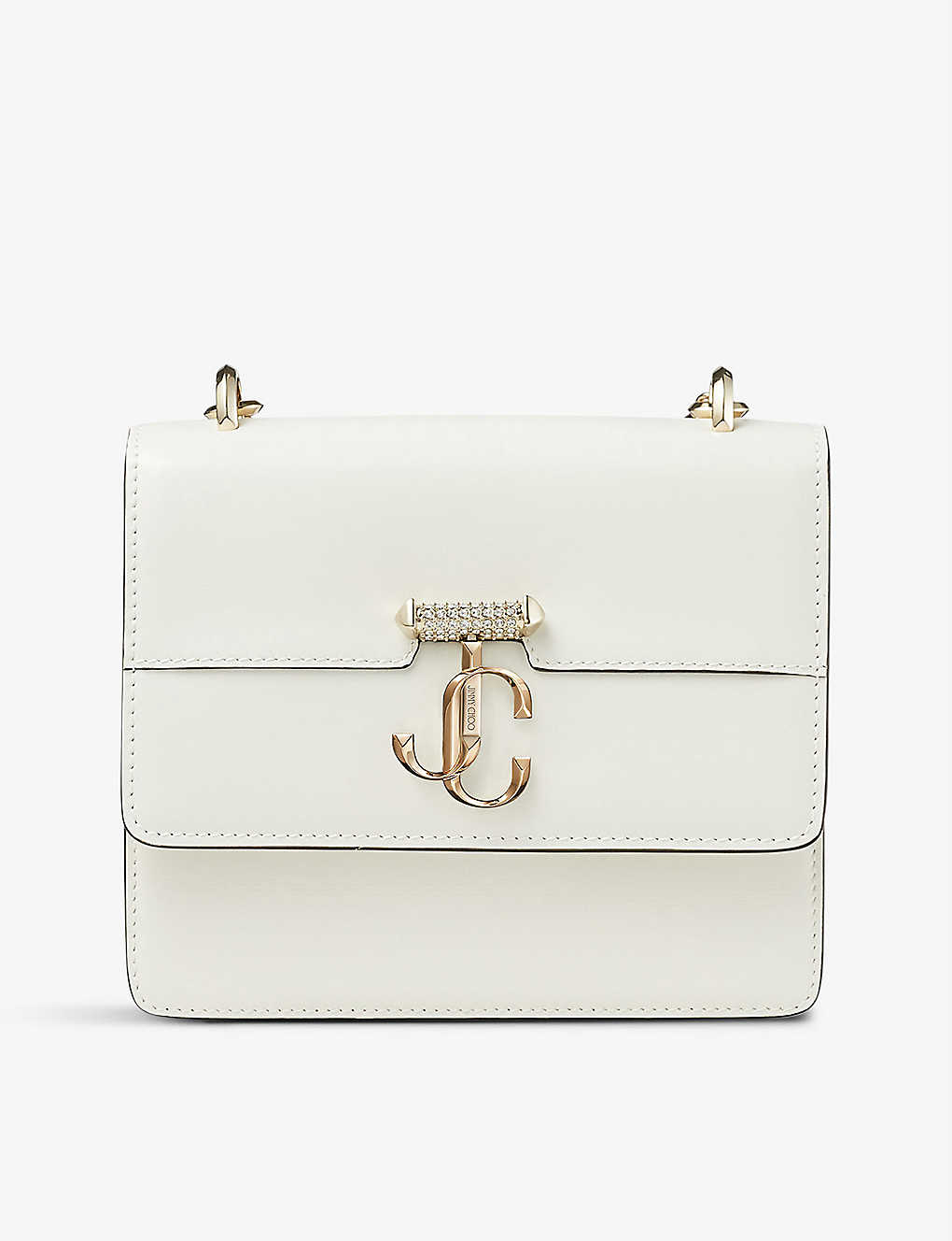 Shop Jimmy Choo Avenue Quad Extra-small Pearl-embellished Strap Leather Cross-body Bag In Latte/light Gold